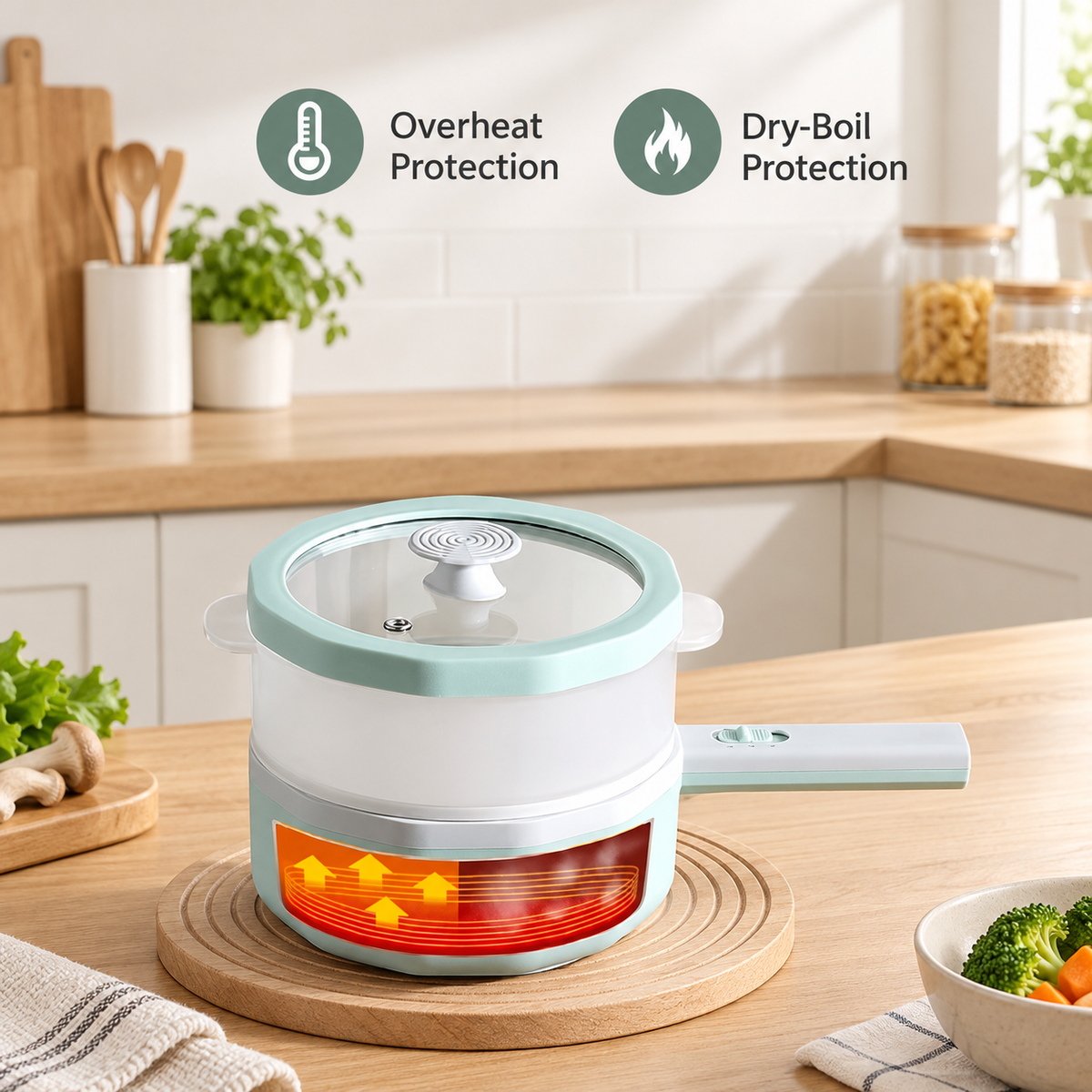 Electric Cooking Pot with Steamer and Glass Lid, 350W/700W