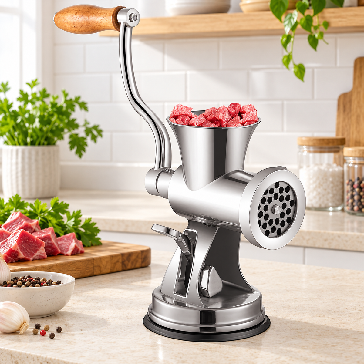 Manual Meat Grinder with Suction Base and Sausage Attachments