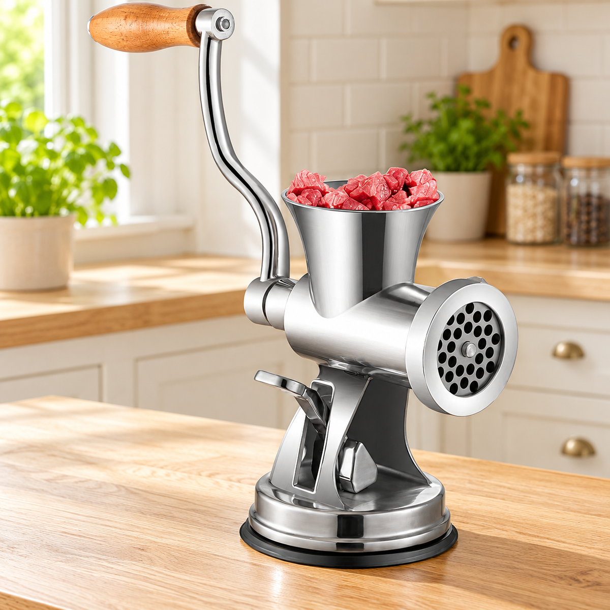 Manual Meat Grinder with Suction Base and Sausage Attachments