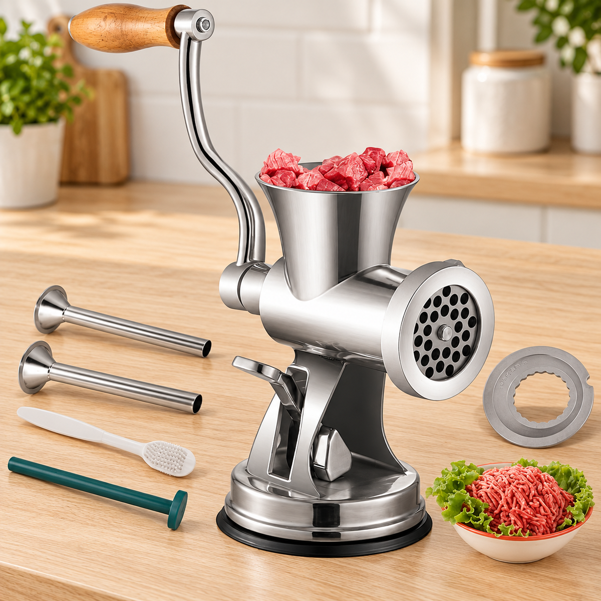 Manual Meat Grinder with Suction Base and Sausage Attachments