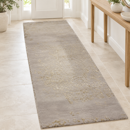 Vintage Floral Runner Rug, Gray-Beige with Gold-Toned Accents, 27" × 96"