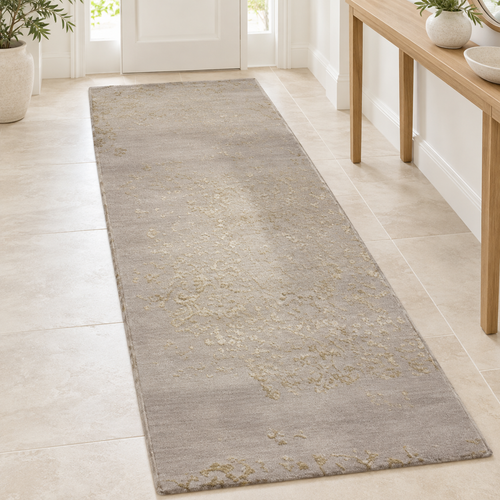 Vintage Floral Runner Rug, Gray-Beige with Gold-Toned Accents, 27" × 96"