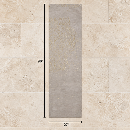 Vintage Floral Runner Rug, Gray-Beige with Gold-Toned Accents, 27" × 96"