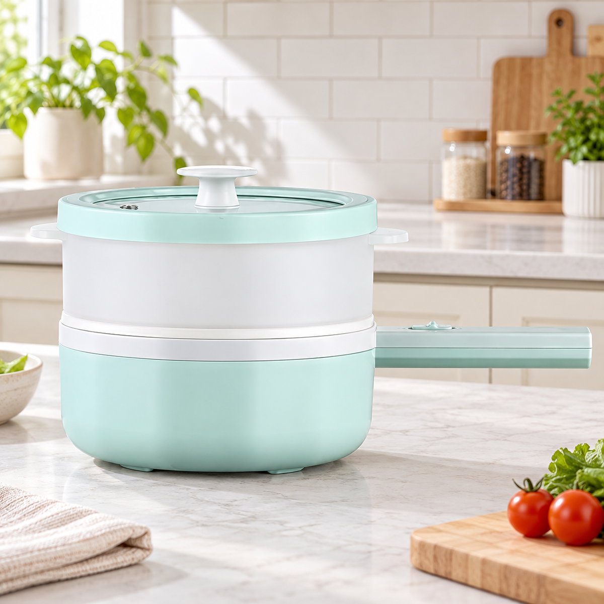 Electric Cooking Pot with Steamer and Glass Lid, 350W/700W