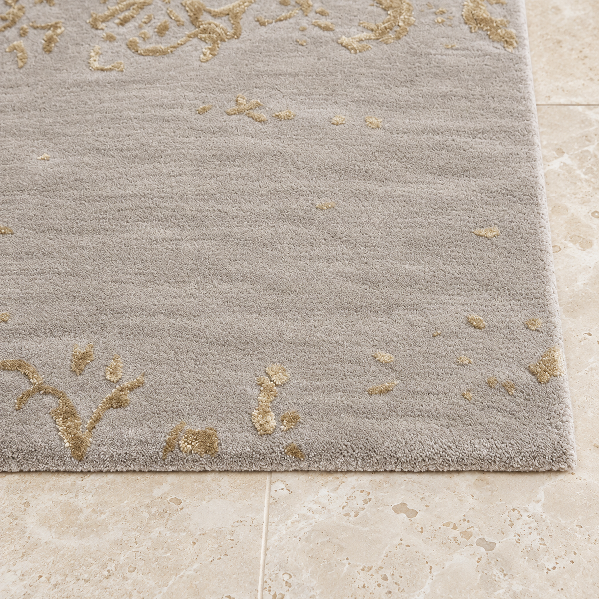 Vintage Floral Runner Rug, Gray-Beige with Gold-Toned Accents, 27" × 96"